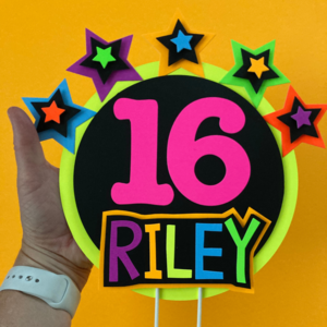 Star-Studded Round Neon Personalized Glowing Cake Topper