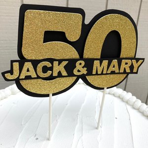 Personalized gold glitter 50th anniversary cake topper, custom name, elegant number 50 decoration, gold wedding celebration decor