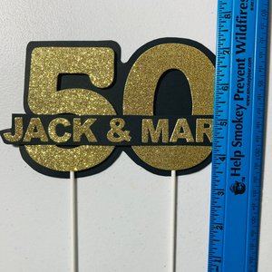 Personalized gold glitter 50th anniversary cake topper, custom name, elegant number 50 decoration, gold wedding celebration decor