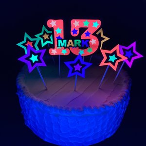 Neon Star Cake Decoration, Glow in the Dark Cake Topper, Glow Party Supply, Cupcake Decor, Black Light Party Supply, UV Reflective Stars