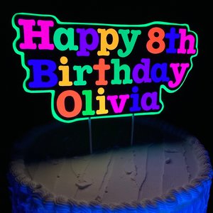 Bright Neon Personalized Glow Birthday Party Cake Topper, Customized Black Light Party Centerpiece, Cake Ornament Decoration, Happy Birthday