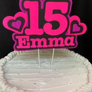 Pink and Purple Heart Neon Glow Party Cake Topper, Quineañera Black Light Party Decor, Personalized Name and Age Birthday Cake Decoration,