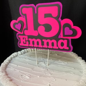 Pink and Purple Heart Neon Glow Party Cake Topper, Quineañera Black Light Party Decor, Personalized Name and Age Birthday Cake Decoration,
