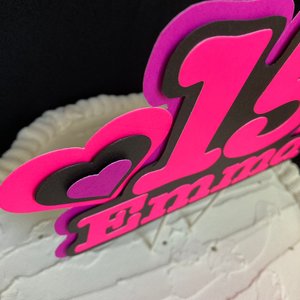 Pink and Purple Heart Neon Glow Party Cake Topper, Quineañera Black Light Party Decor, Personalized Name and Age Birthday Cake Decoration,
