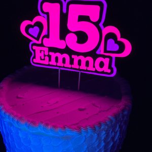 Pink and Purple Heart Neon Glow Party Cake Topper, Quineañera Black Light Party Decor, Personalized Name and Age Birthday Cake Decoration,