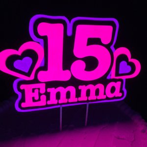 Pink and Purple Heart Neon Glow Party Cake Topper, Quineañera Black Light Party Decor, Personalized Name and Age Birthday Cake Decoration,