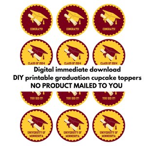 Printable University of Minnesota Graduation Cupcake Toppers, Digital Graduation Decor, Maroon and Gold Graduation Party Cupcake Decorations
