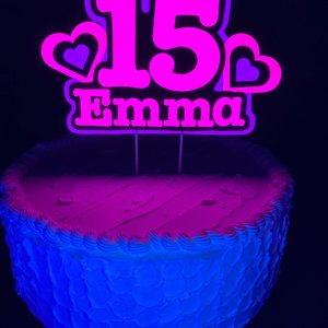 Pink and Purple Heart Neon Glow Party Cake Topper, Quineañera Black Light Party Decor, Personalized Name and Age Birthday Cake Decoration,