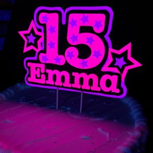 Neon Pink Purple Star Birthday Cake Topper, Quineañera Black Light Celebration Decor, Handmade Personalized Name and Age Cake Centerpiece