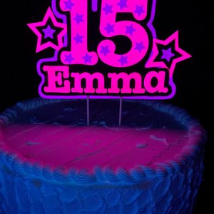 Neon Pink Purple Star Birthday Cake Topper, Quineañera Black Light Celebration Decor, Handmade Personalized Name and Age Cake Centerpiece