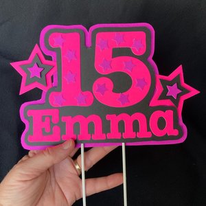 Neon Pink Purple Star Birthday Cake Topper, Quineañera Black Light Celebration Decor, Handmade Personalized Name and Age Cake Centerpiece