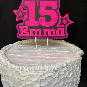 Neon Pink Purple Star Birthday Cake Topper, Quineañera Black Light Celebration Decor, Handmade Personalized Name and Age Cake Centerpiece