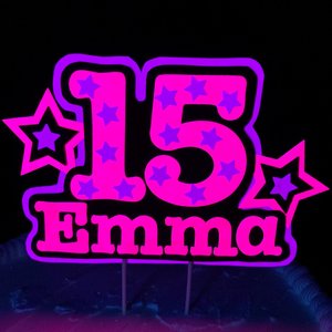 Neon Pink Purple Star Birthday Cake Topper, Quineañera Black Light Celebration Decor, Handmade Personalized Name and Age Cake Centerpiece