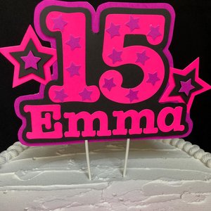 Neon Pink Purple Star Birthday Cake Topper, Quineañera Black Light Celebration Decor, Handmade Personalized Name and Age Cake Centerpiece