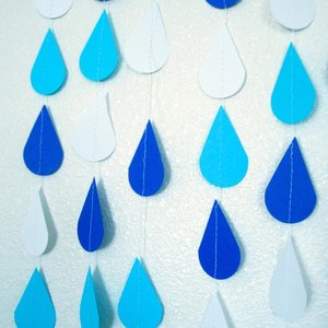 Blue Baby Shower Raindrop Garland Set of Five, Handmade Blue and White Paper Rain Streamer, Baby Boy Shower Decor, Baby Sprinkle Bunting,
