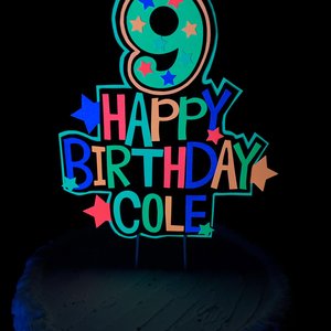 Personalized Boy Glow Party Cake Topper, Neon Birthday Cake Decor, Birthday Decoration, Glow in the Dark Supplies, Neon Skate, 9th Birthday