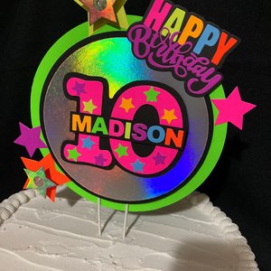 LED Lights Glow Party Neon Birthday Cake Topper, Personalized Age and Name Topper, UV Fluorescent Cake Decoration, Star Cake Centerpiece