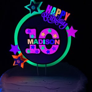 LED Lights Glow Party Neon Birthday Cake Topper, Personalized Age and Name Topper, UV Fluorescent Cake Decoration, Star Cake Centerpiece