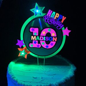 LED Lights Glow Party Neon Birthday Cake Topper, Personalized Age and Name Topper, UV Fluorescent Cake Decoration, Star Cake Centerpiece