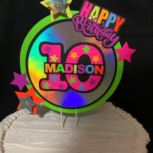 LED Lights Glow Party Neon Birthday Cake Topper, Personalized Age and Name Topper, UV Fluorescent Cake Decoration, Star Cake Centerpiece