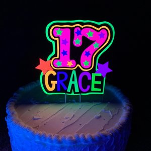 Personalized Birthday Neon Cake Topper, Glow Party Neon 17th Birthday Cake Decor, Name Age Birthday Decoration, UV Glow in the Dark Supplies