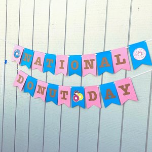 National Donut Day Banner, Donut Party, Office Celebration, Company Party, National Day Sign, Pink and Turquoise Banner, School Event