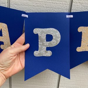 Happy Holidays navy and silver banner, snowflake holiday banner, winter party decor, Christmas mantel decoration, embossed card stock banner