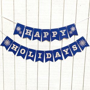 Happy Holidays navy and silver banner, snowflake holiday banner, winter party decor, Christmas mantel decoration, embossed card stock banner