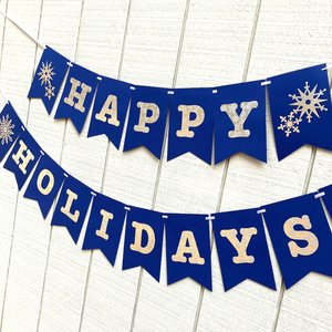 Happy Holidays navy and silver banner, snowflake holiday banner, winter party decor, Christmas mantel decoration, embossed card stock banner