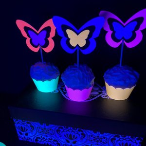 Neon Butterfly Cupcake Toppers, Glow Party Decoration, Glow in the Dark Butterflies, Black Light Cupcake Decor, UV Reflective Toppers