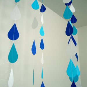 Blue Baby Shower Raindrop Garland Set of Five, Handmade Blue and White Paper Rain Streamer, Baby Boy Shower Decor, Baby Sprinkle Bunting,