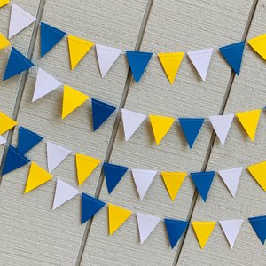 UCLA graduation party garland, blue and yellow Triangle Bunting, dorm decor, Bed Party Streamers, University of California backdrop, pennant