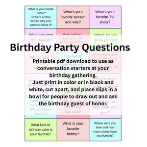 Birthday Party Questions, Printable Birthday Game, Office Gathering Conversation Starters, Digital Download Easy Work Game