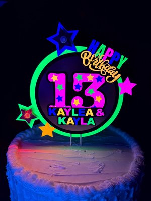 Twin Neon Birthday Cake Topper, Joint Birthday Cake, 13th Birthday Centerpiece, Best Friend Two Name Birthday Sign, LED Light Up Cake Topper
