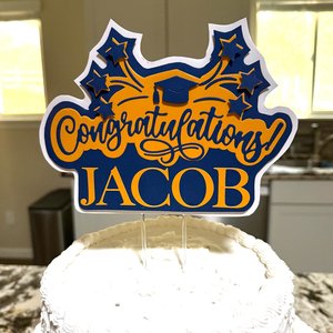 Navy and gold graduation cake topper, personalized Congratulations cake sign with name, University of California decor, U of Michigan