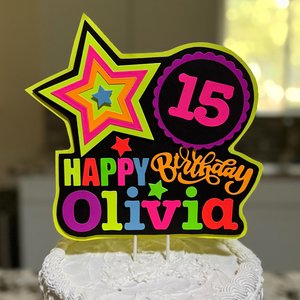 Quinceañera Glow Party Cake Topper, Blacklight Birthday Sign, Personalized Cake Decoration with Name and Age