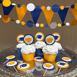 Navy and gold graduate cupcake topper, Graduation cap cupcake pick, Berkeley graduation decoration, University of Michigan graduate decor