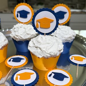 Navy and gold graduate cupcake topper, Graduation cap cupcake pick, Berkeley graduation decoration, University of Michigan graduate decor