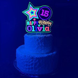 Quinceañera Glow Party Cake Topper, Blacklight Birthday Sign, Personalized Cake Decoration with Name and Age