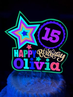 Quinceañera Glow Party Cake Topper, Blacklight Birthday Sign, Personalized Cake Decoration with Name and Age