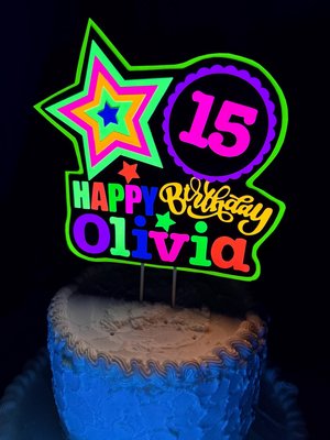 Quinceañera Glow Party Cake Topper, Blacklight Birthday Sign, Personalized Cake Decoration with Name and Age
