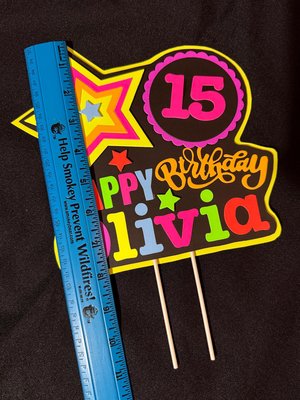 Quinceañera Glow Party Cake Topper, Blacklight Birthday Sign, Personalized Cake Decoration with Name and Age