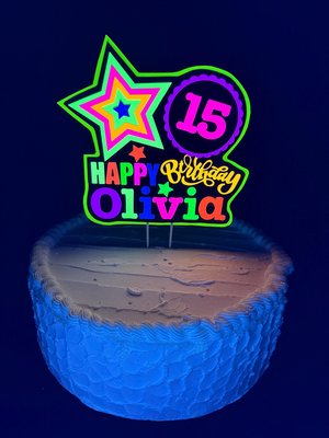 Quinceañera Glow Party Cake Topper, Blacklight Birthday Sign, Personalized Cake Decoration with Name and Age