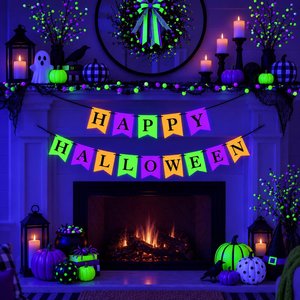 Halloween Banner, UV Glow in the Dark Happy Halloween Fireplace Mantel Sign