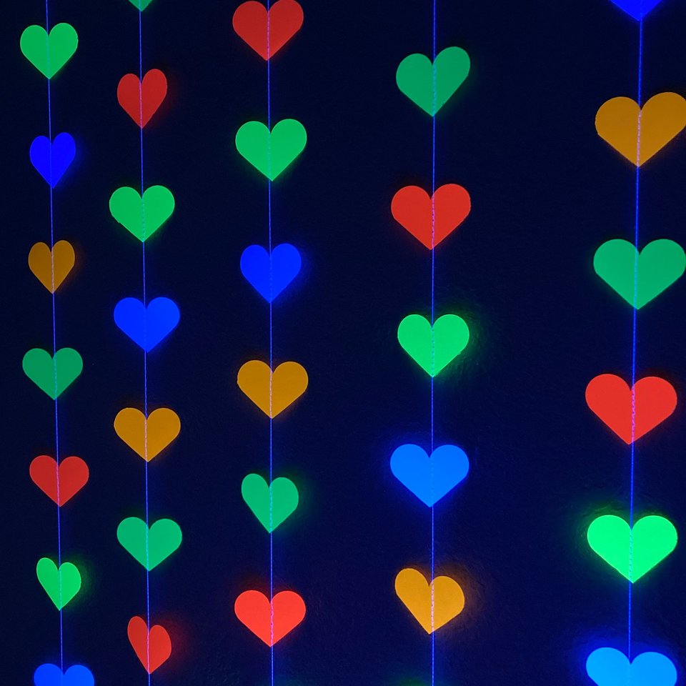 Glow Party Decoration, Neon Heart Garland, 80s Party Decor, Fluorescent Hearts, UV Reflective Hearts, Sweet 16 Glow Party, Neon Dance Party
