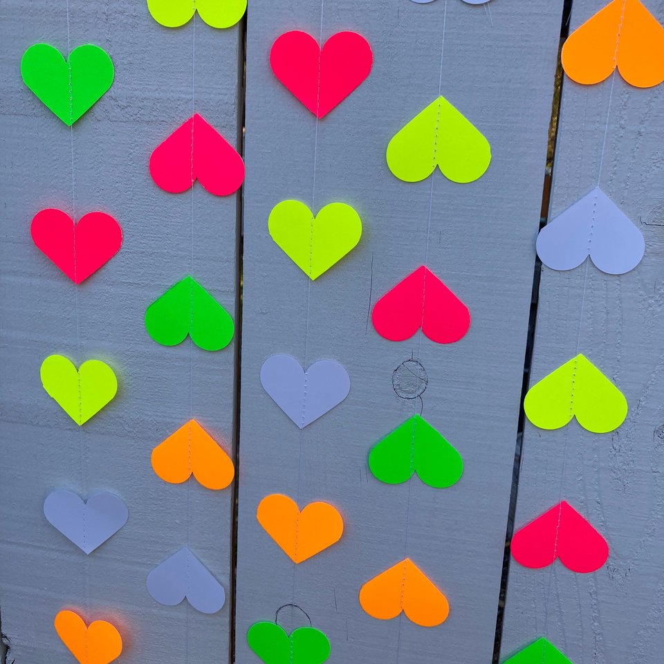 Glow Party Decoration, Neon Heart Garland, 80s Party Decor, Fluorescent Hearts, UV Reflective Hearts, Sweet 16 Glow Party, Neon Dance Party