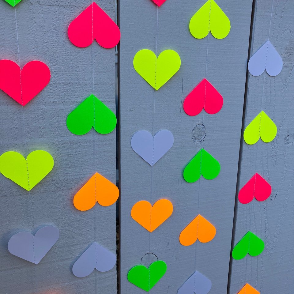 Glow Party Decoration, Neon Heart Garland, 80s Party Decor, Fluorescent Hearts, UV Reflective Hearts, Sweet 16 Glow Party, Neon Dance Party