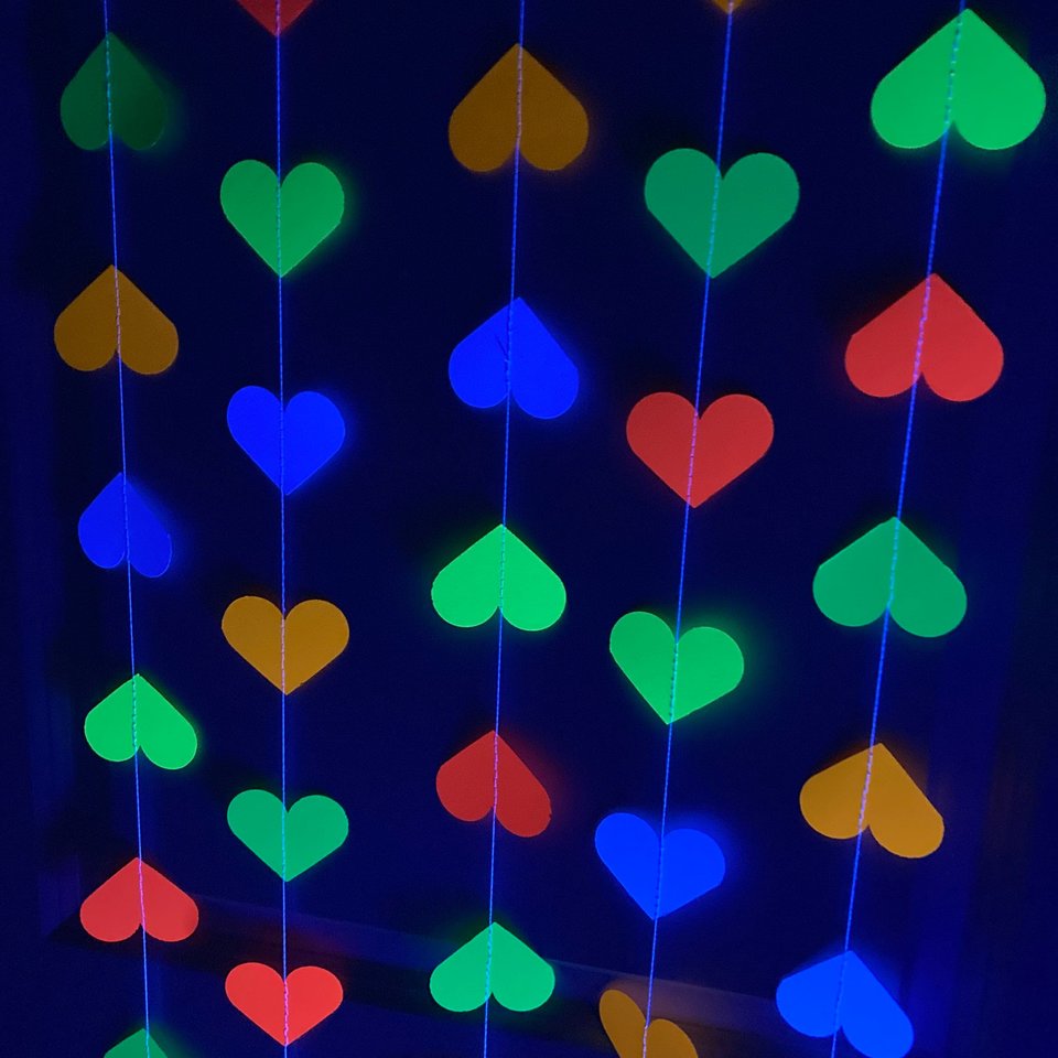 Glow Party Decoration, Neon Heart Garland, 80s Party Decor, Fluorescent Hearts, UV Reflective Hearts, Sweet 16 Glow Party, Neon Dance Party