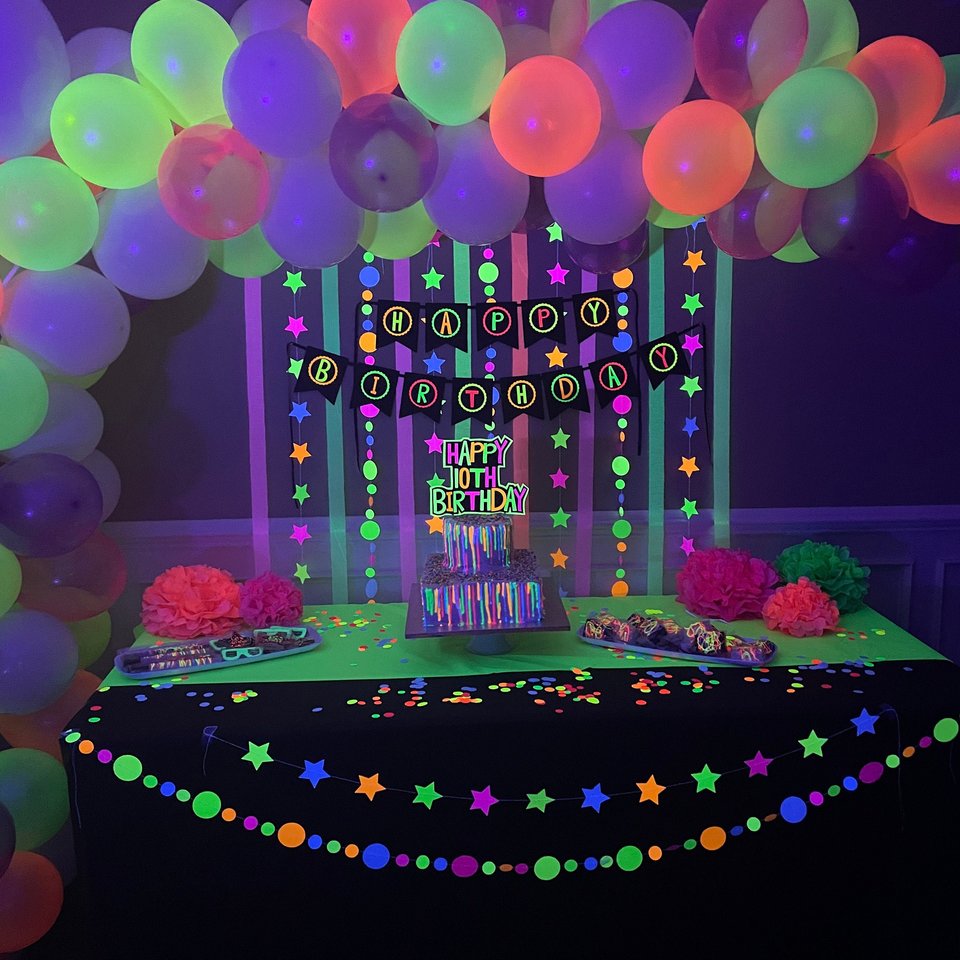 Glow Party Neon garlands, Retro 80s decor, Black light party decorations, Glow in the Dark party backdrop