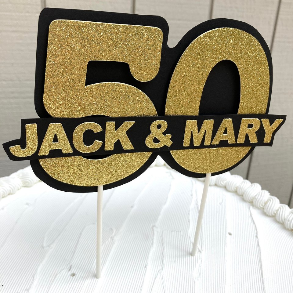 Personalized gold glitter 50th anniversary cake topper, custom name, elegant number 50 decoration, gold wedding celebration decor